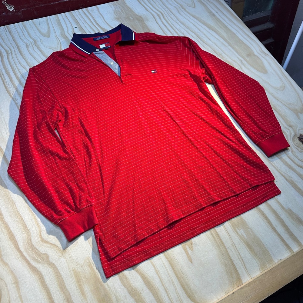 Tommy Hilfiger Mens Large Red Striped Long Sleeve Pique Polo Shirt Logo